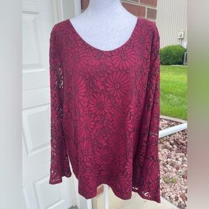 Talbots Burgundy Lace Bell Sleeve Blouse Top, Size 2X